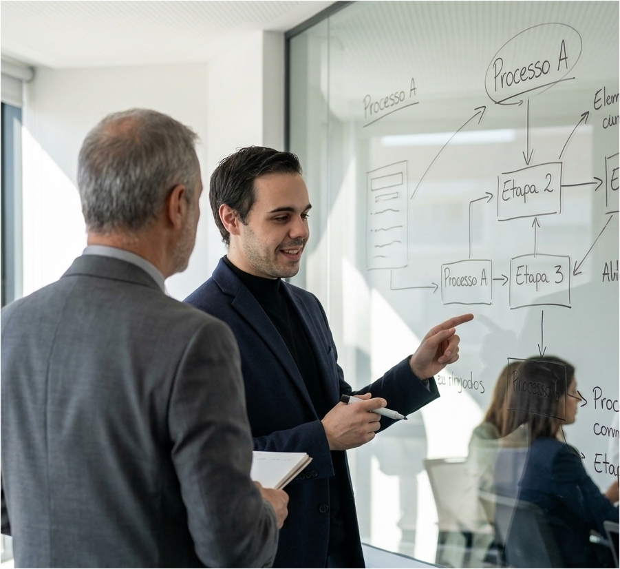 João Mourinho leading a process-mapping session at a whiteboard